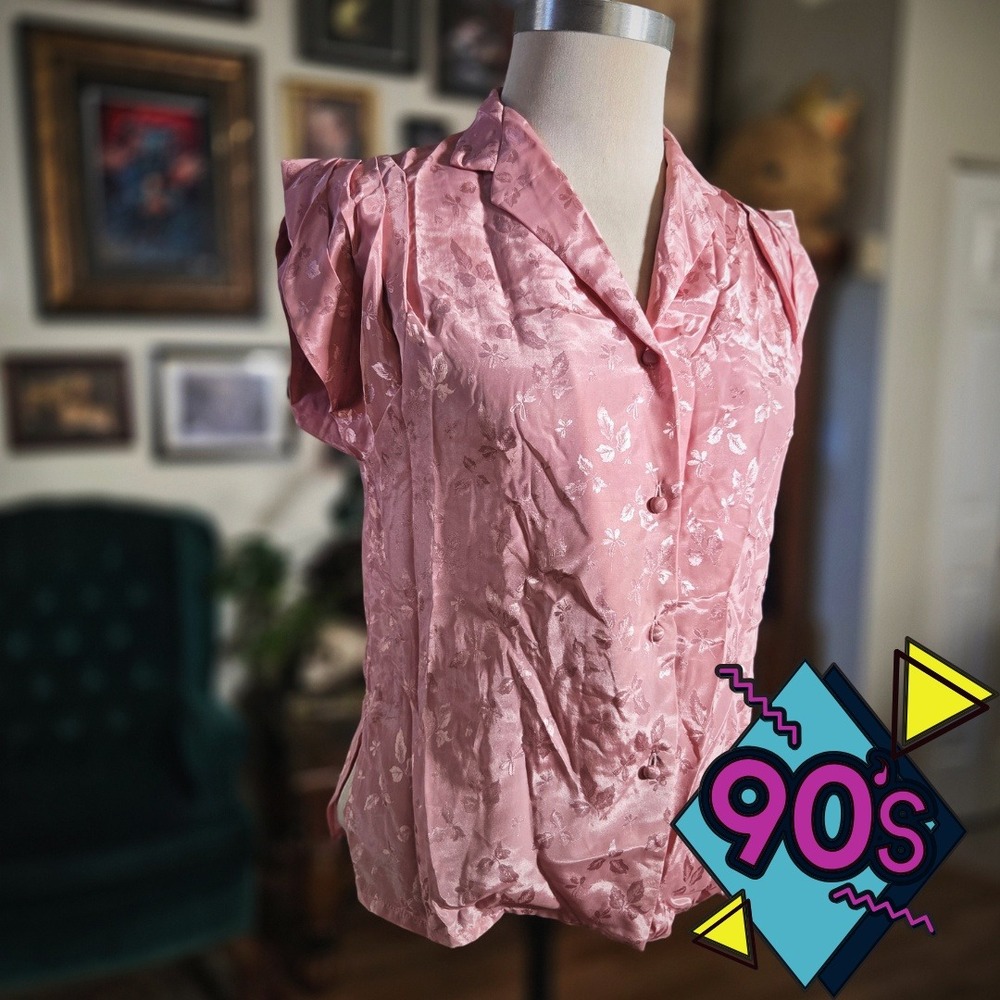 Vintage 90s 24K Gold Pink Floral‎ Satin Button Up Blouse Short Sleeve Shirt Top